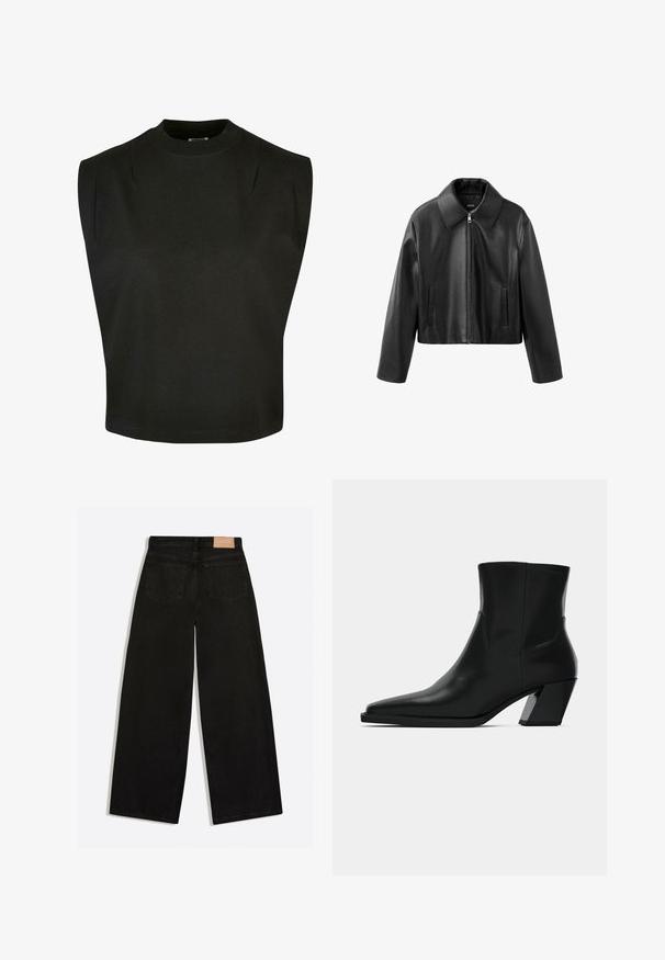 Veste courte noire en similicuir avec col pointu, fermeture éclair devant et poches fendues verticales sur les deux côtés.; Top sans manches noir en coton avec un col montant, présentant des épaules structurées et une coupe ample, avec un ourlet net et sans motifs visibles.; Jean noir à jambes larges vu de dos, avec deux poches arrière et un patch de marque en cuir marron à la ceinture.; Bottine en cuir noir avec un bout pointu, une silhouette élégante et un talon carré massif. Texture lisse avec des détails de couture minimalistes.