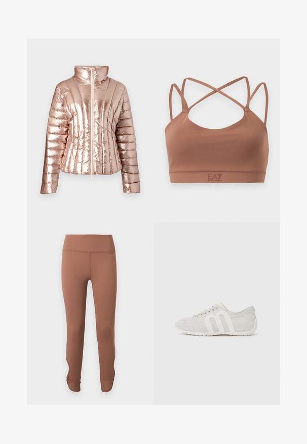 Veste matelassée brillante en or rose avec un col haut, une fermeture éclair à l'avant et une texture matelassée horizontale, présentant une silhouette ajustée et une finition lisse.; Brassière de sport marron avec fines bretelles doubles croisées dans le dos et bande élastique ornée du logo EA7 Emporio Armani.; Leggings marron taille haute avec détails froncés à la cheville, présentés sur un fond clair uni.; Chaussure de sport gris clair avec un tissu lisse et une semelle en caoutchouc, arborant un logo blanc distinctif, un bout arrondi et un design minimaliste.