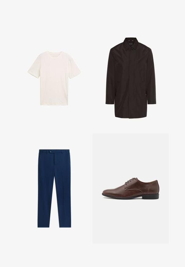 Mørkebrun, vandafvisende frakke med ståkrave, knaplukning og sidelommer. Glat tekstur og skræddersyet pasform med minimale syningsdetaljer.; Kortærmet T-shirt med rund hals i off-white bomuld. Har en afslappet pasform med glat tekstur og ingen bemærkelsesværdige mønstre eller accenter.; Marineblå bukser med en glat tekstur, lige ben, frontlommer og knaplukning. Skræddersyet til en figursyet silhuet.; Brune lædersko til mænd med en glat overflade, slankt design, rund tå og snørelukning. Har en lav sort gummisål.