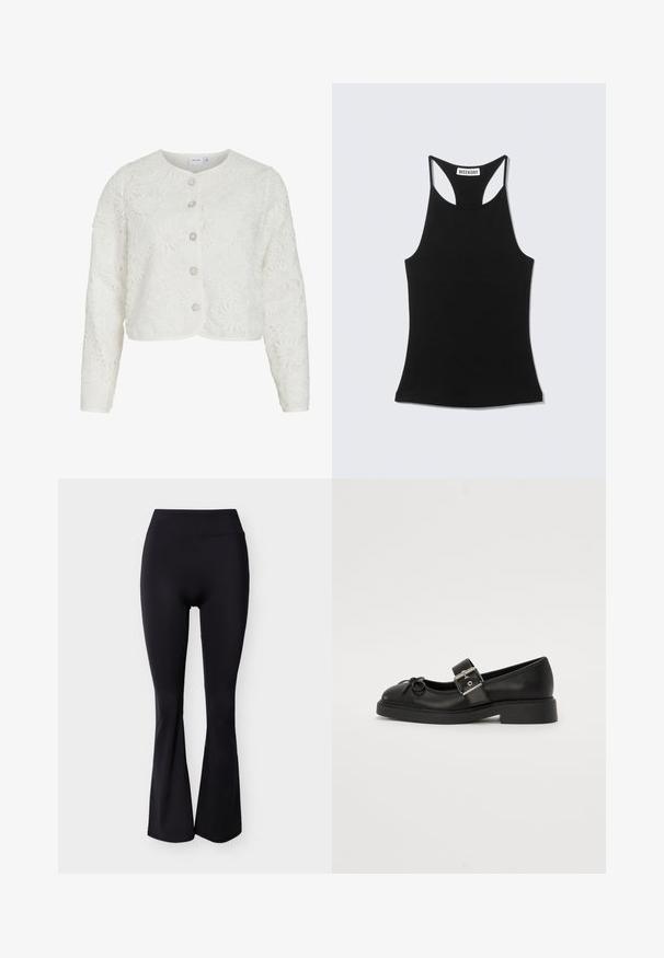 Hvid cropped jakke med lange ærmer med blomstret blondermønster og fem dekorative perle-lignende knapper foran.; Sort ærmeløs racerback-top med "WEEKDAY" label på øvre ryg, vist på en lys grå baggrund.; Sorte høj talje leggings med flared ben, glat stof uden synlige mønstre eller pynt.; Sort læder Mary Jane-sko med rund tå, ankelrem og sølv spænde detalje. Har en flad, chunky sål og en sløjfe akcent.