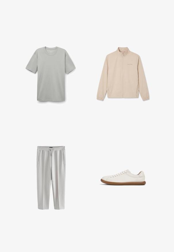 Chaqueta beige con cremallera completa, cuello alzado, puños elásticos, bolsillos laterales y pequeño logo de Calvin Klein en el pecho izquierdo.; Camiseta de algodón gris claro con cuello redondo, mangas cortas y un ajuste relajado. Textura suave sin patrones ni adornos visibles.; Pantalones de chándal grises claros hechos de tela suave, con cintura elástica y cordón, y dos bolsillos laterales.; Zapatilla con una parte superior de cuero beige claro, punta redonda y suela plana de goma marrón; cuenta con seis ojales y un diseño de perfil bajo.
