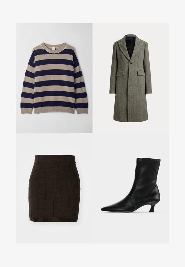 Mittel-langer Wollmantel mit Fischgrätmuster, weitem Revers, einem schwarzen Knopf, zwei Klappentaschen und schwarzem Innenfutter.; Gestreifter Pullover in Beige und Marineblau, aus weichem Material gefertigt. Verfügt über einen Rundhalsausschnitt, überschnittene Schultern sowie Rippbündchen und -saum.; Dunkelbrauer gestrickter Minirock mit einem strukturierten, gewebten Muster und einer taillierten Taille. Der Saum ist gerippt für zusätzlichen Detail.; Schwarzer Leder-Stiefel bis zur Mitte der Wade mit spitzer Schuhspitze und niedrigem Kittenabsatz, seitlich auf hellem einfarbigem Hintergrund gezeigt.