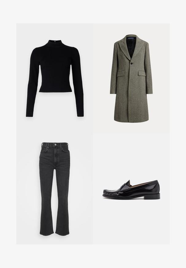 Uldfrakke i mellem længde med sildebensmønster, brede revers, enkelt sort knap, to lommer med klap og sort for.; Sort ribbet turtleneck sweater med lange ærmer og en tætsiddende silhuet, der har en glat overflade og en lynlåsdetalje på ryggen.; Højtaljede sorte denim flare jeans med en subtil tekstur, der har frontlommer og lynlås lukning. Rent, minimalistisk design.; Sorte læder moccasin sko med en skinnende finish, der har frynsedetaljer langs fronten og en lav stabelhælk.