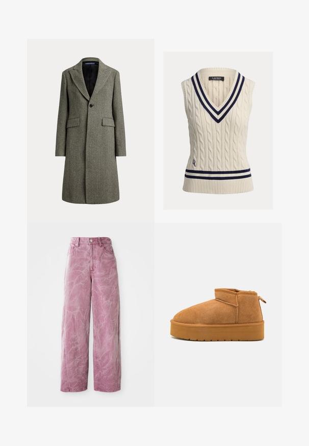 Uldfrakke i mellem længde med sildebensmønster, brede revers, enkelt sort knap, to lommer med klap og sort for.; Ærmeløs sweater i kabelstrik i cremefarve med dyb V-udskæring. Har navy- og hvide stribede kanter ved halsudskæringen og kanten, med logodetalje.; Rosa bredde ben jeans med høj talje, med en falmet, tekstureret finish, knaplukning og sidelommer.; Brune suede ankelstøvler med en rund tå, lav skæring, og en tekstureret gummisål med en lille platform og et hængsel.