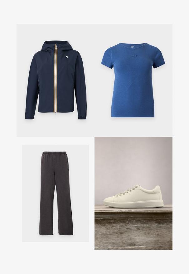 Marineblauwe capuchonjas met volledige ritssluiting aan de voorkant, voorzien van gele, witte en rode strepen, elastische manchetten en een klein logo op de borst.; Blauw geribd T-shirt met korte mouwen, ronde hals en klein reliëf GAP-logo op de borst.; Losse donkergrijze joggingbroek met elastische tailleband, rechte pijpen en subtiele zijzakken, zichtbaar tegen een witte achtergrond.; Witte leren sneakers met lage schacht, vetersluiting en een platte rubberen zool, weergegeven vanaf de zijkant op een effen achtergrond.