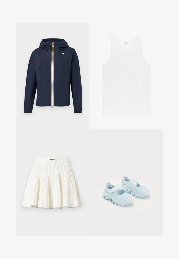 Marineblaue Kapuzenjacke mit durchgehendem Frontreißverschluss, gelben, weißen und roten Streifen, elastischen Bündchen und kleinem Logo auf der Brust.; Schlichtes weißes ärmelloses Tanktop mit Rundhalsausschnitt, flach auf weißem Hintergrund dargestellt.; Weißer, plissierter Tennisschulrock mit breitem Bund und kleinem ellesse-Logoaufnäher in der Mitte vorne.; Helle blaue Sneaker aus Mesh-Stoff, mit auffälligen Ausschnitten in der Sohle und einem Klettverschlussriemen oben für einen sicheren Sitz.