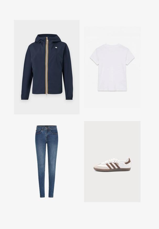 Marineblaue Kapuzenjacke mit durchgehendem Frontreißverschluss, gelben, weißen und roten Streifen, elastischen Bündchen und kleinem Logo auf der Brust.; Schlichtes weißes kurzärmliges Baumwoll-T-Shirt mit Rundhalsausschnitt, flach auf einem weißen Hintergrund liegend.; Schlanke Jeans aus dunkelblauem Denim, mit mittelhohem Bund, fünf Taschen und kontrastierenden Nähten. Glatte Textur mit leichtem Stretch.; Weißer Adidas Samba Sneaker mit braunen Veloursstreifen, brauner Velourspitze und Gummisohle auf hellgrauem Hintergrund.