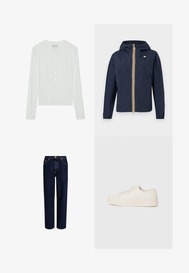 Navyblå hættetrøje med fuld lynlås foran med gule, hvide og røde striber, elastiske ærmekanter og et lille logo på brystet.; Hvid langærmet top lavet af ribbet stof, med en rund halsudskæring og en knaplukning foran med seks klare knapper.; Mørkeblå denim jeans med lige ben-design, der har høj talje, fem-lomme-stil og kontrastsyninger. Ingen dekorationer.; Sneakers lavet af off-white canvas, med et low-top design, rund tå og flad gummisål med diskrete syninger.