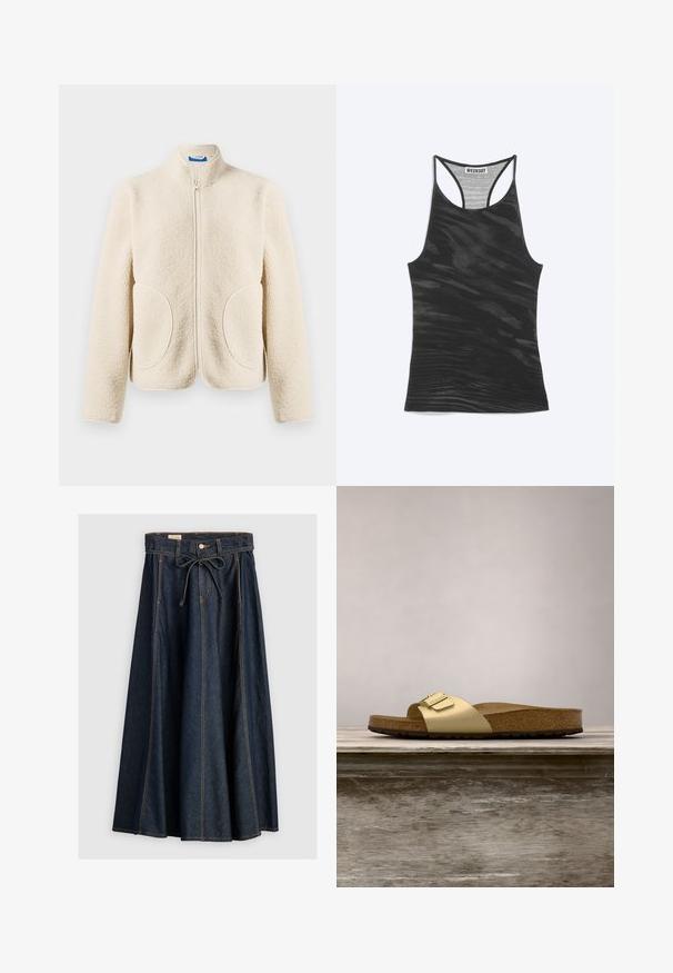 Cremefarvet fleecejakke med en frontlynlås, to afrundede forlommer og en kort ståkrave.; Sort racerback tanktop med subtilt bølgemønster og "WEEKDAY" label syet ind i halsudskæringen.; Levi's® XL SKIRT - Denimnederdele - square circle; Gyldne syntetiske slidesandaler med en enkelt rem og spændeaccent, der har en brun korksål og en tekstureret gummisål.