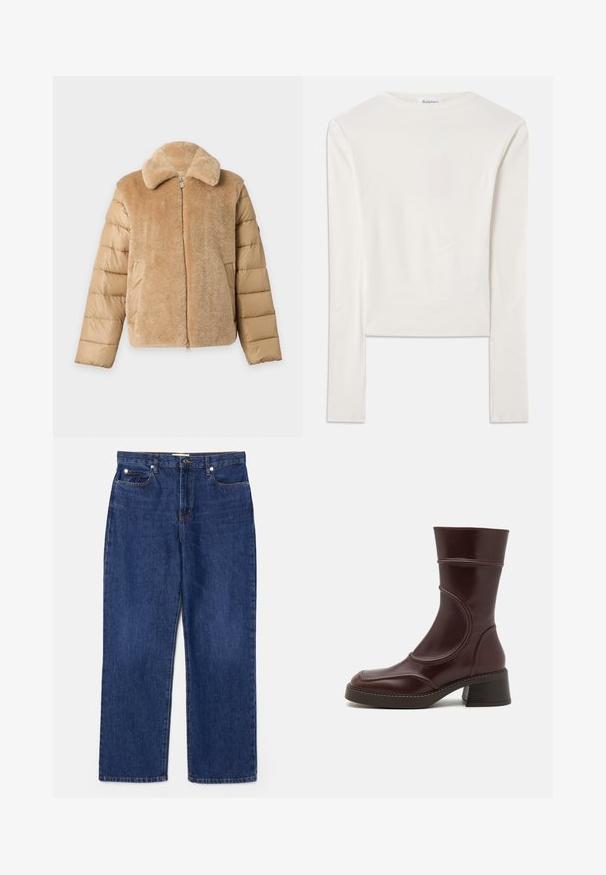 Veste beige avec un devant et un col doux en peluche, et des manches matelassées, dotée d'une fermeture éclair frontale et de poches latérales.; Haut à manches longues blanc en coton, dotée d'un col ras du cou simple et d'une coupe ajustée. Le tissu est lisse avec une légère élasticité.; Jean en denim bleu foncé avec une taille haute, une coupe droite, cinq poches et des détails en métal argenté. Présente un léger délavage et des coutures brodées.; MIISTA MALENE - Bottines - brown