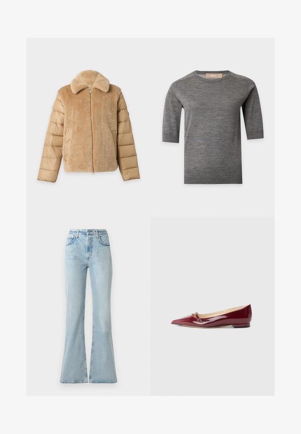 Chaqueta beige con parte delantera y cuello suaves y de felpa, y mangas acolchadas acolchadas, con cierre de cremallera frontal y bolsillos laterales.; Jersey de punto gris de manga corta con escote redondo y puños y bajo acanalados, mostrado plano sobre un fondo blanco.; Jeans de mezclilla de color azul claro, acampanados y de cintura alta, con bolsillos frontales, cierre de botón y una textura ligeramente desgastada.; Bailarinas de charol burdeos con punta afilada, que presentan un pequeño detalle de corte y un tacón bajo. Textura suave y diseño elegante.