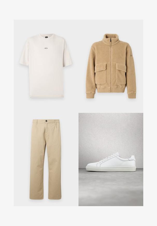 Beige fleecejakke med høj krave, frontlynlås, to store klaplommer og ribbede manchetter og kant. Blød tekstur med et hyggeligt udseende.; Oakley RISE TEE - T-shirts basic - mist; Beige bomuldsbukser med lige ben design. Har en frontknaplukning og bæltestropper. Glat overflade uden mønstre eller detaljer.; Hvide sneakers med en glat læderoverdel og lav profil. Har en rund tå, seks snørehuller og en tekstureret gummisål.