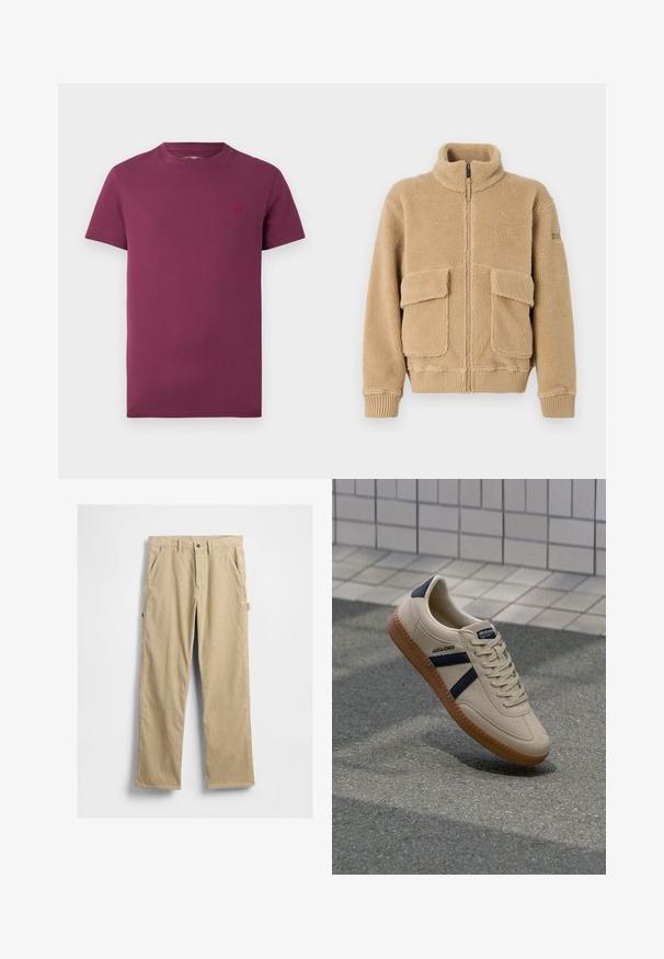 Beige Fleecejacke mit hohem Kragen, Frontreißverschluss, zwei großen Klappentaschen sowie gerippten Bündchen und Saum. Weiche Textur mit einem gemütlichen Aussehen.; Burgunderfarbenes T-Shirt mit kurzen Ärmeln aus Baumwolle, mit Rundhalsausschnitt und einem kleinen gestickten Logo auf der linken Brust. Glatte Textur.; Beige Cordhose mit geraden Beinen, Fronttaschen und einem Knopfverschluss. Mit einer Seitentasche und strukturiertem Stoff.; Beige Sneaker mit strukturierter Oberfläche, dunkelblauen Streifen und Gummisohle. Verfügt über eine gepolsterte Zunge und ein traditionelles Schnürsystem für einen sicheren Sitz.
