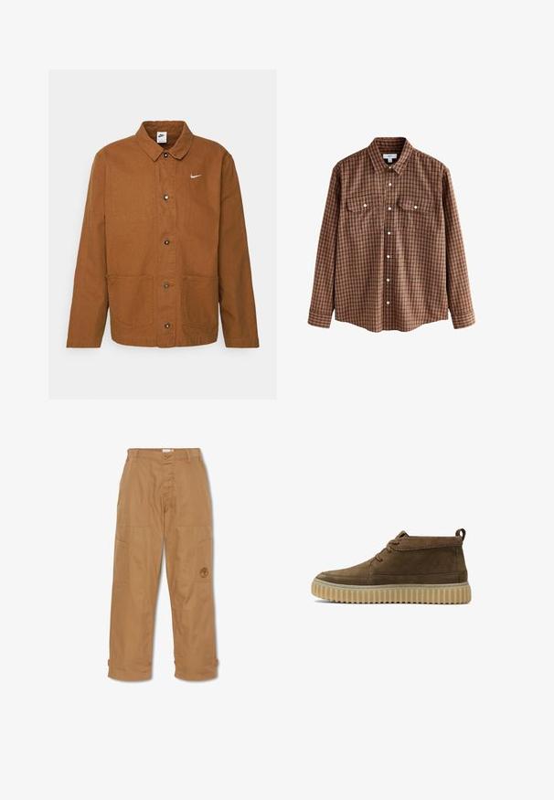 Brun bomuldsjakke med krave, frontknaplukning, to store lommer og et lille hvidt Nike-logo på venstre over bryst.; Brun og orange ternet langærmet skjorte med knaplukning foran, to brystlommer og krave. Lavet af blødt stof.; Khaki arbejdsbukser, lavet af slidstærkt stof, har flere lommer, knaplukning og broderet logo på låret.; Brune ruskind ankelstøvler med en rund tå, minimal syning og en tekstureret, kraftig gummisål. Har snørebåndsdesign og hælflig.