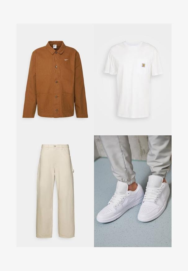 Brun bomuldsjakke med krave, frontknaplukning, to store lommer og et lille hvidt Nike-logo på venstre over bryst.; Hvid bomulds T-shirt med korte ærmer, en brystlomme, og et lille firkantet logo patch i orange og hvid på lommen.; Beige vide bukser lavet af bomuldsblandingsstof. Har knaplukning, bæltestropper og sidelommer. Glat tekstur.; Hvide lædersneakers har en perforeret tåboks, flade snørebånd, polstret krave og Jordan-logoet på tungen. Båret med grå joggers.