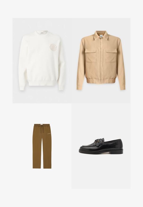 Veste beige clair à manches longues avec fermeture éclair sur le devant, deux poches poitrine à rabat, col et taille élastiquée sur un fond uni.; Sweat-shirt blanc à manches longues avec col rond et une application florale circulaire texturée sur la poitrine gauche.; Pantalon de survêtement marron à cordon avec poches latérales et texte "LES DEUX" sur la partie haute de la jambe gauche, présenté à plat sur fond blanc.; Mocassins en cuir noir avec un bout arrondi et une boucle décorative. Talon plat, solide et texture lisse sur l'ensemble.