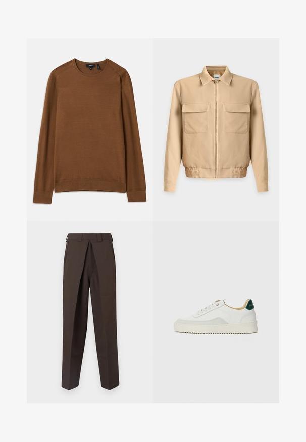 Chaqueta beige claro de manga larga con cremallera frontal, dos bolsillos en el pecho con solapa, cuello y cinturilla elástica sobre fondo liso.; Suéter de punto marrón con cuello redondo, mangas largas tipo raglán y patrón texturizado. Presenta puños y dobladillo acanalados para un ajuste ceñido.; BLUEMARBLE WORK PANT - Pantalones - brown; Zapatilla blanca con acentos de ante, puntera redondeada, cordones planos y suela de goma color crema. Presenta un logo verde en el talón.