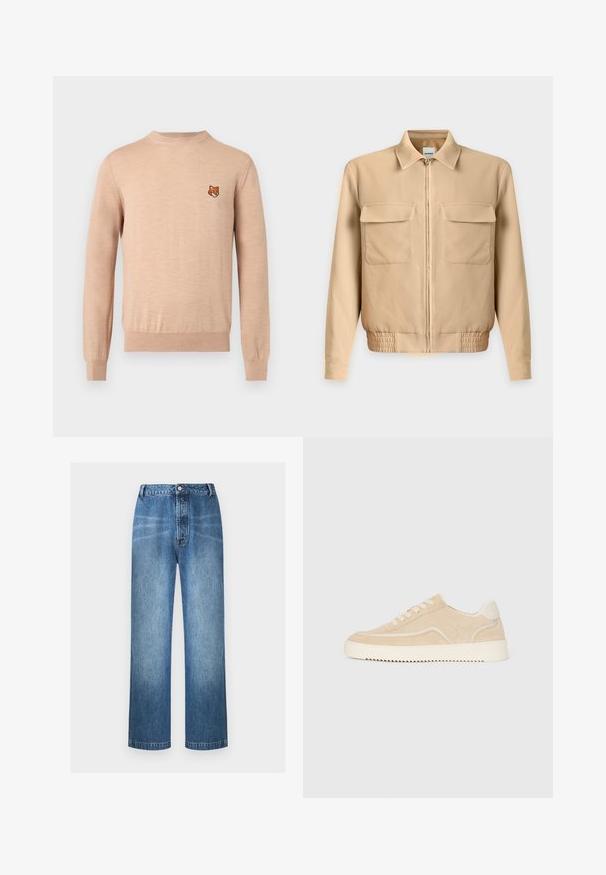 Veste beige clair à manches longues avec fermeture éclair sur le devant, deux poches poitrine à rabat, col et taille élastiquée sur un fond uni.; Pull beige à manches longues avec col rond, poignets et ourlet côtelés, arborant un petit emblème de tête de renard orange sur le côté gauche de la poitrine.; Jean bleu taille haute à jambes droites avec fermeture par bouton et zip, détails légèrement délavés sur les cuisses et les genoux, pas de poches visibles à l'avant.; Baskets en daim beige avec semelle et lacets blancs, design basse, et motif de semelle en zigzag.