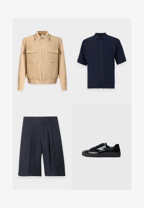 Veste beige clair à manches longues avec fermeture éclair sur le devant, deux poches poitrine à rabat, col et taille élastiquée sur un fond uni.; Chemise boutonnée à manches courtes bleu marine avec col, en tissu texturé et cinq boutons noirs sur le devant.; Shorts bleu marine ajustés arrivant au genou, avec passants pour ceinture, plis devant et fermeture éclair frontale dissimulée.; Baskets en cuir verni noir avec un bout arrondi, un laçage, une semelle en caoutchouc texturé et une finition lisse.