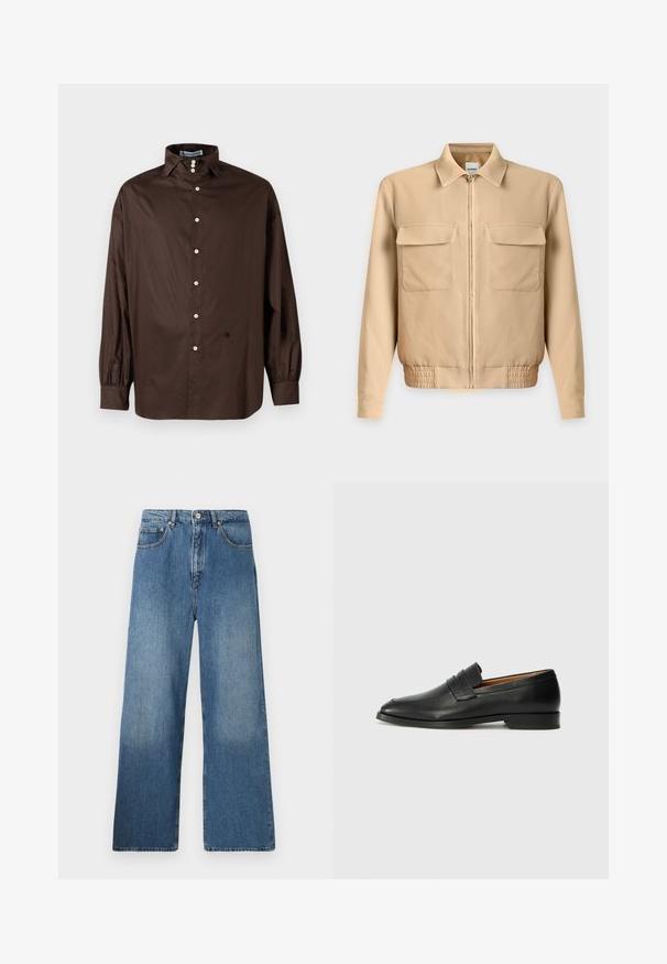 Veste beige clair à manches longues avec fermeture éclair sur le devant, deux poches poitrine à rabat, col et taille élastiquée sur un fond uni.; Chemise longue à manches marron en tissu lisse avec un col classique, fermeture à boutons sur le devant et poignets élastiqués ; présente un détail logo subtil.; Jean en denim bleu à jambes évasées avec un design classique à cinq poches, fermeture à bouton à l'avant et légères décolorations pour ajouter de la texture.; Mocassin en cuir noir avec un bout arrondi, des coutures subtiles et un talon bas, présentant une texture lisse et un design minimaliste.