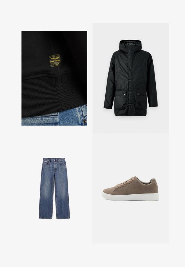 Schwarze Kapuzenparka-Jacke mit Druckknöpfen, zwei vorderen Taschen und einem gesteppten Innenmuster. Das Material hat eine glatte Textur.; Schwarzer Pullover mit geripptem Saum und einem gelb-schwarzen Etikett mit der Aufschrift "PME LEGEND", das auf den Stoff genäht ist. Texturiertes Baumwollmaterial.; Blaue Jeans mit geradem Bein, Vordertaschen, Gürtelschlaufen und Knopfverschluss, flach auf weißem Hintergrund liegend.; Braune Wildledersneaker mit flachen weißen Gummisohlen, Schnürdesign, abgerundete Zehen und einer glatten Textur. Minimalistischer Stil mit dezenten Nähdetails.