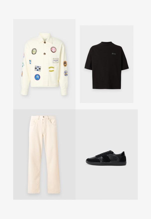 Cremefarbene, knöpfbare Jacke mit mehreren bunten, bestickten Patches mit Text und Logos auf Vorderseite und Ärmeln.; Schwarzes T-Shirt mit kurzen Ärmeln und Rundhalsausschnitt sowie kleinem stilisiertem weißem Textlogo auf der linken Brust.; Helle beige Denim-Jeans mit geradem Bein, fünf Taschen und einer Knopfverschluss vorne. Nähte sichtbar entlang der Nähte.; Schwarze Sneaker aus strukturiertem Leder und Wildleder, mit runder Zehenpartie, Schnürdesign und einer Gummisohle mit dezentem Muster.