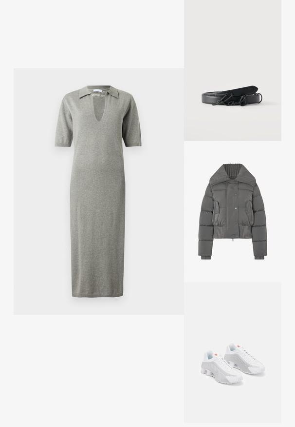 Graue Daunenjacke mit hohem geripptem Kragen, verkürztem Schnitt, Druckknöpfen und zwei Fronttaschen. Verfügt über gestickte Details und gerippte Bündchen.; Graues gestricktes Kleid mit V-Ausschnitt und kurzen Ärmeln, mit einem Kragen und gewellten Akzenten an Bündchen und Saum.; Weiße Sportschuhe mit grauen Akzenten, die eine strukturierte Oberseite, Belüftungsperforationen und eine segmentierte Ferse für Dämpfung aufweisen.; Schwarzer Ledergürtel mit einer schwarzen Metallschnalle in Form des Wortes "Karl" in Schreibschrift, aufgewickelt vor weißem Hintergrund.