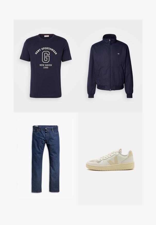 Marineblauwe bomberjack van gladde stof, met een opstaande kraag, voorrits, elastische manchetten en zijzakken. Subtiele logodetail aanwezig.; Marineblauw katoenen T-shirt met een witte opdruk van "GANT SPORTSWEAR," "NEW HAVEN," en "1949." Ronde halslijn en korte mouwen.; Donkerblauwe denim jeans met een recht pijpdesign, contrasterende stiksels, een knopenrits en vijf-pocketstijl.; Beige sneakers met een textuur op de mesh neus, een bovenwerk van glad leer en contrasterende logo-accenten. Platte rubberen zool met een strak ontwerp.