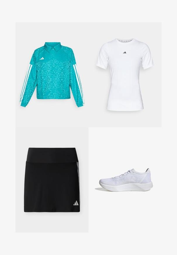 Türkisfarbene Adidas-Jacke mit floralem Muster, weißem Drei-Streifen-Design an den Ärmeln, Druckknopfverschluss vorne und Kragen auf schlichtem Hintergrund.; Weißes Sportshirt mit kurzen Ärmeln, aus glattem, dehnbarem Stoff. Mit kleinem schwarzem Adidas-Logo auf der Brust.; Schwarzer Sportrock mit breitem Bund, dezenten seitlichen Streifen und kleinem Adidas-Logo am unteren rechten Saum.; Weißer Sportschuh mit atmungsaktivem Mesh-Obermaterial, Schnürdesign, gepolstertem Kragen und einer strukturierten Gummisohle für besseren Halt.