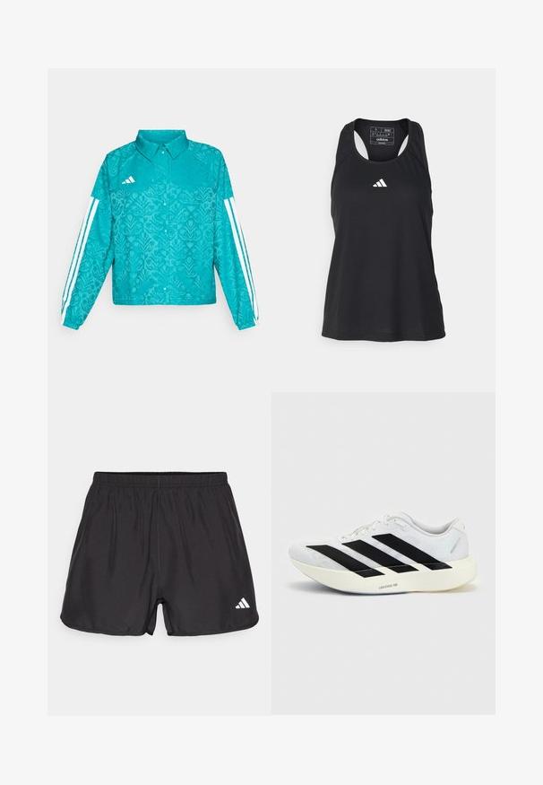 Tyrkysová bunda Adidas s kvetinovým vzorom, biele tri pruhy na rukávoch, predný zapínací gombík a golier na jednofarebnom pozadí.; Čierny bezrukávový športový top s okrúhlym výstrihom a bielym logom na hrudi. Vyrobený z hladkej, ľahkej látky.; Čierne športové šortky vyrobené z ľahkej tkaniny. Majú elastický pás a biele logo v dolnom ľavom rohu. Hladká textúra.; Biela bežecká topánka s čiernym dizajnom so tromi pruhmi na boku a hrubou bielou podrážkou označenou "Lightstrike Pro" na jednofarebnom pozadí.