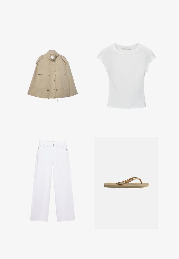 Beige Utility-Jacke mit hohem Kragen, Druckknöpfen vorne, Schulterklappen, Brusttaschen mit Klappe und verstellbaren Kordeln am Saum.; Weißes Baumwoll-T-Shirt mit kurzen, aufgerollten Ärmeln, rundem Ausschnitt und geradem Saum. Glatte Textur ohne sichtbare Muster oder Akzente.; Weiße, hoch taillierte Jeans mit weitem Bein, Knopf- und Reißverschluss, Taschen vorne und hinten sowie silbernen Nieten.; Beige Flip-Flop-Sandale mit profilierter Sohle und bronzefarbenen, metallischen Y-förmigen Riemen vor schlichtem weißem Hintergrund.