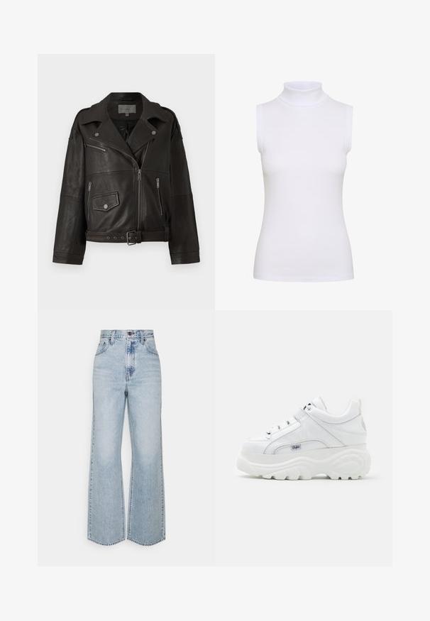 Veste en cuir noir de biker avec des fermetures éclair argentées, des boutons-pression et des poches latérales ; comporte une taille ceinturée et un col large.; Haut sans manches en col roulé blanc en tissu côtelé, avec une coupe ajustée et une texture lisse, doté d'un col montant et sans matériel visible.; Jean large en denim bleu clair avec taille haute, design classique à cinq poches et couture contrastante. Détail de ourlet brut en bas.; Baskets plateformes blanches en matériau synthétique brillant, avec un design à lacets, un col rembourré et un accent de marque sur le côté.