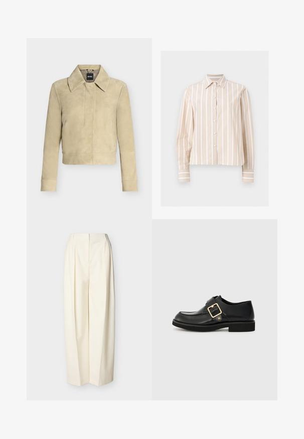 Chaqueta de ante beige con mangas largas, cuello ancho y detalle de costura en la parte delantera, expuesta sobre un fondo liso. Etiqueta BOSS en la etiqueta del cuello.; Camisa beige y blanca con rayas verticales, de manga larga, abotonada, con cuello puntiagudo y puños abotonados, mostrada sobre un fondo plano y claro.; Pantalones anchos color crema de talle alto con pliegues frontales, cremallera oculta en la parte delantera y presillas para cinturón.; Zapato de cuero negro con punta redonda, que cuenta con una hebilla dorada y una suela de goma plana. Textura suave con detalles de costura sutil.