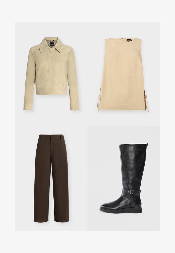 Beigefarbene Wildlederjacke mit langen Ärmeln, breitem Kragen und vorderer Naht-Detail, auf schlichtem Hintergrund präsentiert. BOSS-Label am Hals-Etikett.; Ärmelloses beiges Kleid mit seitlichen Schlitzen, die mit Schleifen gebunden sind, hoher Halslinie und Rückenreißverschluss mit sichtbarem Boss-Logo.; Dunkelbraune Hose mit geradem Bein, Gürtelschlaufen und einem vorderen Reißverschluss, dargestellt vor einem einfachen weißen Hintergrund.; Schwarze Lederkniehohe Stiefel mit niedrigem Absatz, runder Spitze und metallischem "CK"-Logo-Riemen um den Knöchel.