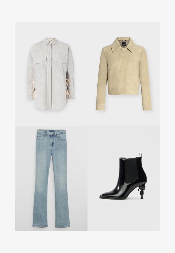 Veste en daim beige avec manches longues, large col et détail de couture sur le devant, présentée sur un fond uni. Étiquette BOSS sur l’étiquette du col.; Chemise rayée dans des tons bleu clair et crème, dotée d'un col évasé, de deux poches poitrine avec des boutons dorés, et de liens réglables sur les côtés.; Jeans évasés en denim bleu clair taille haute, avec passants pour ceinture, poches avant et texture délavée.; Bottine en cuir verni noir avec panneaux latéraux élastiques, bout pointu et un design unique de talon sculptural avec une petite figurine.
