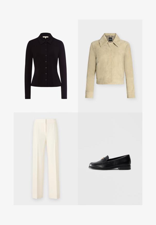Veste en daim beige avec manches longues, large col et détail de couture sur le devant, présentée sur un fond uni. Étiquette BOSS sur l’étiquette du col.; Chemise noire à manches longues avec col, dotée d'un devant à boutons et d'une coupe ajustée, fabriquée en tissu lisse.; Pantalon droit sur mesure couleur blanc cassé avec pli avant, ceinture et fermeture avant dissimulée sur un fond uni.; Mocassin en cuir noir avec un petit talon et un emblème décoratif en or sur la sangle, présenté sur un fond gris clair uni.