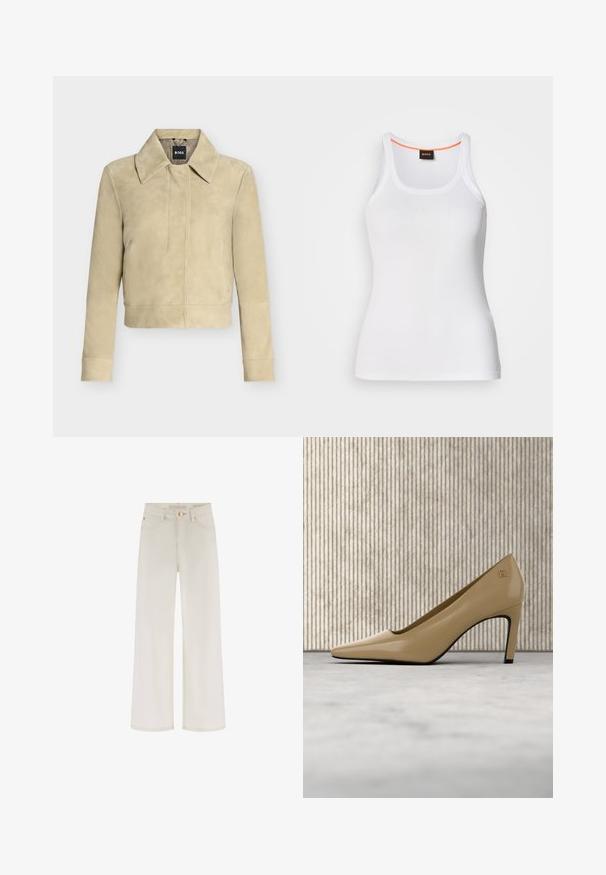 Veste en daim beige avec manches longues, large col et détail de couture sur le devant, présentée sur un fond uni. Étiquette BOSS sur l’étiquette du col.; Débardeur blanc côtelé avec un col rond, présentant un design à bretelles étroites et un accent orange le long de l'intérieur du col. Logo de la marque affiché.; Jean crème taille haute à jambes larges, avec poches avant, passants de ceinture et fermeture par bouton doré à la taille.; Chaussure à talon haut beige à bout pointu avec petit emblème doré, positionnée à la verticale sur une surface réfléchissante près d'un organiseur de fichiers en métal.
