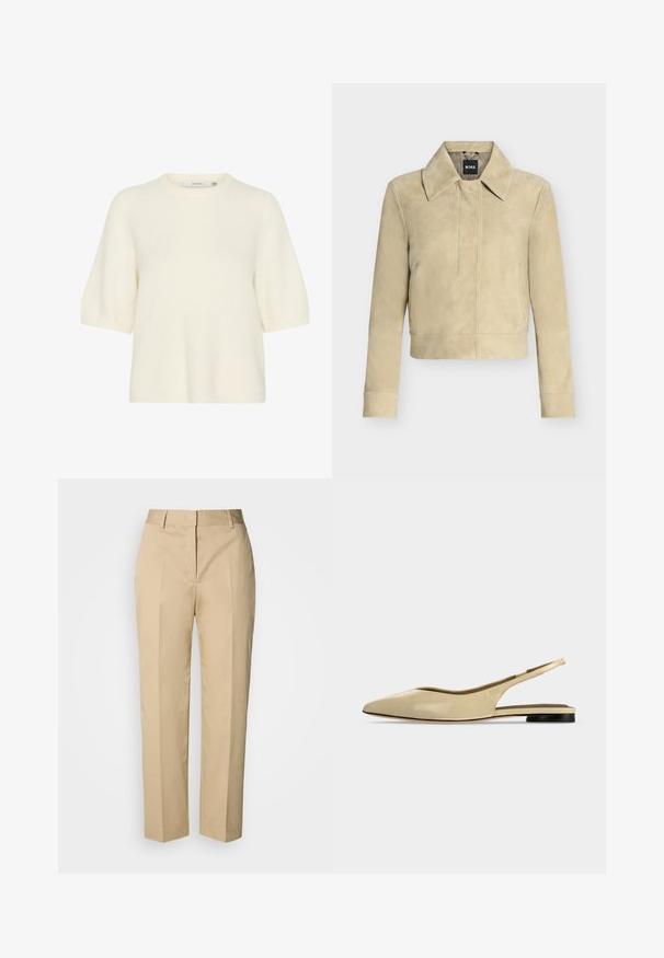 Beige ruskindsjakke med lange ærmer, bred krave og synlige sømdetaljer foran, vist på ensfarvet baggrund. BOSS-mærke på nakketag.; Kortærmet sweater med rund hals lavet af blødt, fluffy materiale i off-white. Har en afslappet pasform med ribbede cuffs og kant.; Beige bukser med lige ben, bæltestropper, forreste pres, og skjult lukning, vist mod en lys baggrund.; Beige spids tå slingback flad sko med lav sort hæl og en glat læderfinish, vist fra siden på en ensfarvet baggrund.