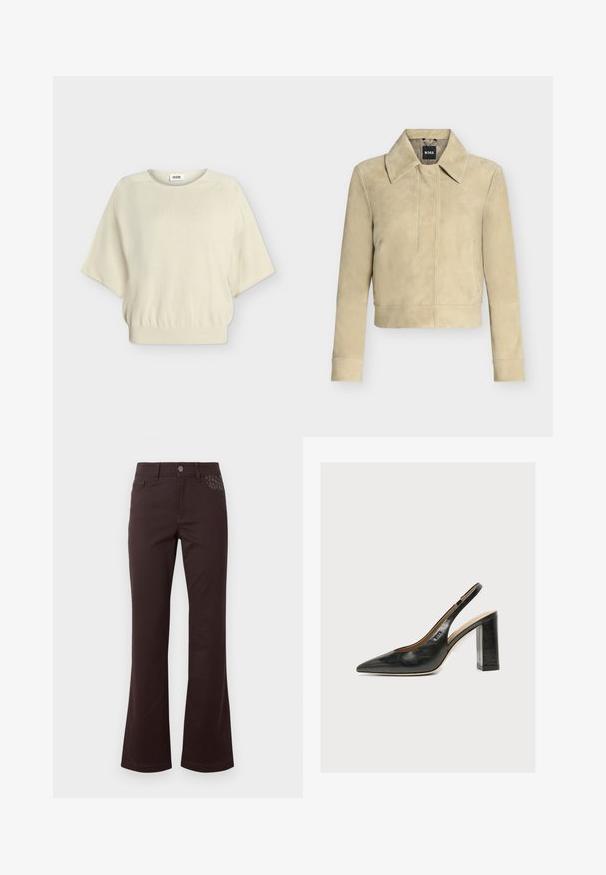 Veste en daim beige avec manches longues, large col et détail de couture sur le devant, présentée sur un fond uni. Étiquette BOSS sur l’étiquette du col.; Pull crème à manches courtes avec col rond et bas élastiqué, présenté sur un fond uni gris clair.; Pantalon droit taille haute marron foncé avec fermeture par bouton et un subtil motif léopard sur la poche avant droite.; Chaussure slingback femme en cuir noir avec bout pointu et talon bloc épais et haut sur fond blanc.