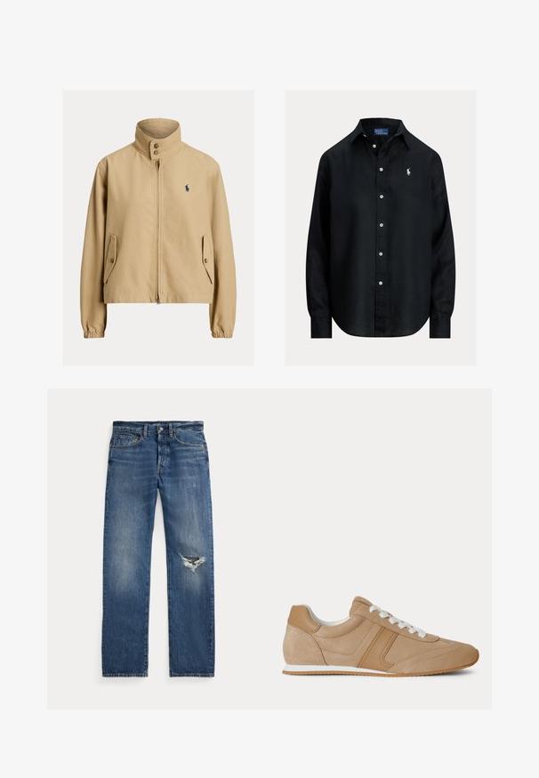 Beige jas met rits, hoge kraag, klepzakken met knopen, elastische manchetten en een klein donker logo op de linkerborst.; Zwart overhemd met lange mouwen, knopen, kraag, witte knopen en klein wit geborduurd Polo Ralph Lauren-logo op de linkerborst.; Blauwe spijkerbroeken met een middelhoge taille, vijf zakken en een rafelachtig gat op de rechterknie.; Lichtbruine suède en leren lage sneaker met witte veters en een witte rubberen zool, zijaanzicht op een witte achtergrond.