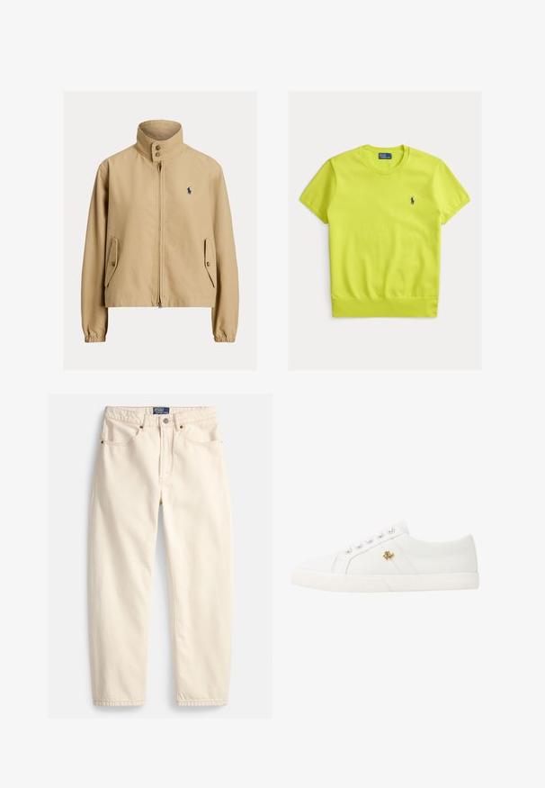 Chaqueta beige con cremallera, cuello alto, bolsillos con solapa y botones, puños elásticos y pequeño logo oscuro en el pecho izquierdo.; Camiseta de algodón de manga corta en amarillo neón brillante, con cuello redondo acanalado y un pequeño logo azul en el pecho izquierdo.; Vaqueros color crema hechos de mezclilla, con un diseño de pierna recta, bolsillos delanteros y detalles de costura superior. Cierre con botón metálico y cremallera.; Lauren Ralph Lauren JANSON II CANVAS SNEAKER - Zapatillas - optic white
