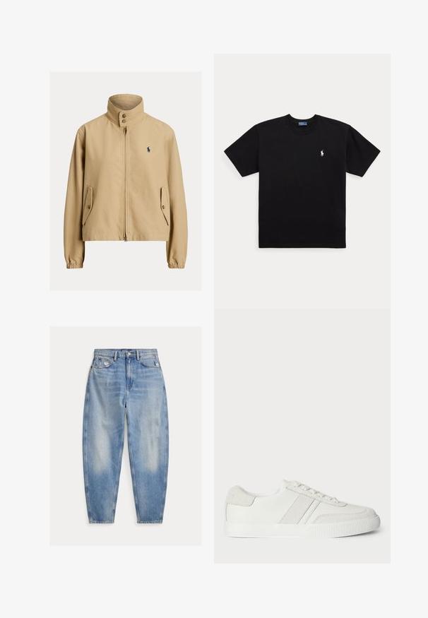 Beige lynlåstrøje med høj krave, lommer med knapper, elastiske manchetter og lille mørkt logo på venstre bryst.; Sort T-shirt med korte ærmer og rund halsudskæring med lille hvidt broderet Polo Ralph Lauren-logo på venstre bryst.; Lyseblå cowboybukser med høj talje med let falmning og slid nær forlommerne, fem-lomme stil og tilspidsede ben.; Hvid sneakers med en glat læderoverdel, suedet detaljer og flade snørebånd. Har en tekstureret gummisål og et minimalistisk design.