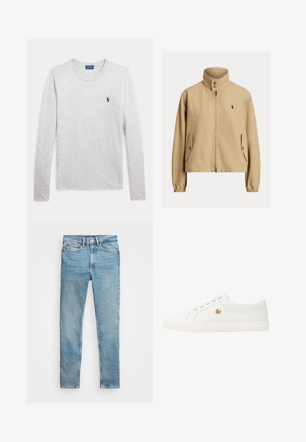 Chaqueta beige con cremallera, cuello alto, bolsillos con solapa y botones, puños elásticos y pequeño logo oscuro en el pecho izquierdo.; Camisa de manga larga gris clara con cuello redondo y pequeño logotipo de Polo Ralph Lauren en azul marino bordado en el pecho izquierdo.; Vaqueros de mezclilla azul claro, ajustados, con cinco bolsillos y cierre de botón metálico, colocados planos sobre un fondo blanco.; Lauren Ralph Lauren JANSON II CANVAS SNEAKER - Zapatillas - optic white