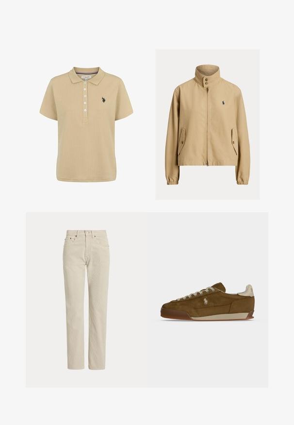 Veste beige zippée avec col montant, poches à rabat boutonnées, poignets élastiques et petit logo foncé sur la poitrine gauche.; Polo beige à rayures, à manches courtes, avec un plastron à cinq boutons et un logo brodé en noir sur la poitrine gauche. Texture de tissu douce.; Pantalon en velours côtelé beige droit avec passants de ceinture, bouton à l'avant, fermeture éclair et poches avant.; Baskets en daim marron avec lacets crème, semelle épaisse et petit logo blanc brodé sur le côté.