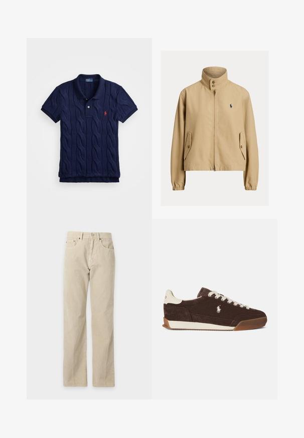 Chaqueta beige con cremallera, cuello alto, bolsillos con solapa y botones, puños elásticos y pequeño logo oscuro en el pecho izquierdo.; Polo de color azul marino hecho de tejido de punto que presenta un patrón de trenzado, tapeta de dos botones y un pequeño emblema rojo en el lado izquierdo del pecho.; Pantalones de pana beige de corte recto con bolsillos delanteros, trabillas para cinturón y cierre de botón, mostrados sobre un fondo liso.; Zapatilla de ante marrón con cordones blancos, talón blanco a contraste, suela de goma y un logotipo bordado en el lateral. Diseño clásico de corte bajo.