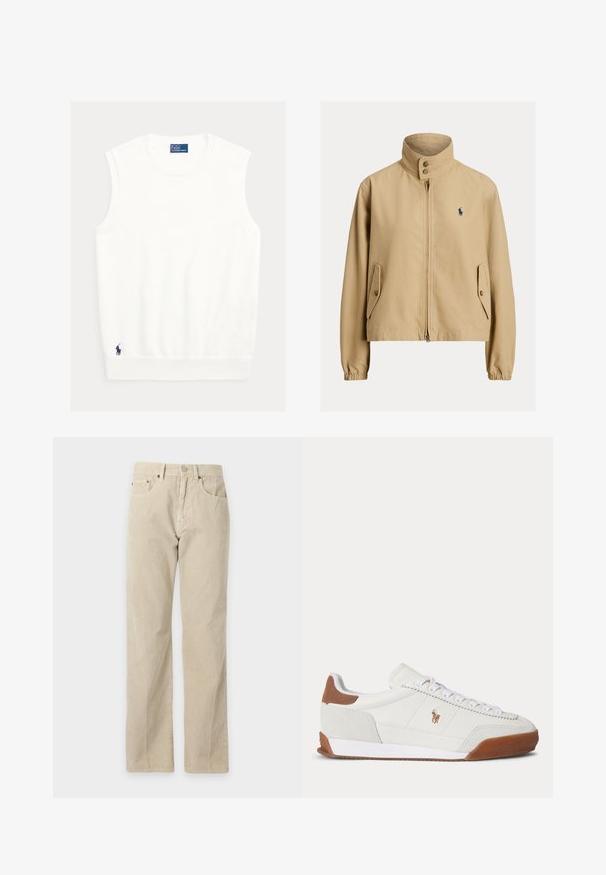 Beige Jacke mit Reißverschluss und hohem Kragen, mit knöpfbaren Laschen an den Taschen, elastischen Bündchen und kleinem dunklem Logo auf der linken Brust.; Weißes ärmelloses Oberteil aus weichem Stoff, mit gerippter Halslinie und Saum. Kleines dunkelblaues Logo unten links eingestickt.; Beige Cordhose mit geradem Bein, Vordertaschen, Gürtelschlaufen und Knopfverschluss, auf schlichtem Hintergrund präsentiert.; Weißer Sneaker mit niedrigem Schaft, braunen Wildleder-Akzenten an Ferse und Spitze, weißen Schnürsenkeln und einem kleinen braunen gestickten Logo an der Seite.