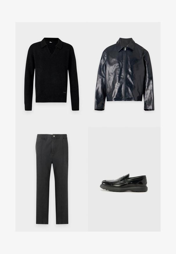 Veste en cuir noire brillante avec fermeture éclair frontale, col et deux poches latérales verticales, présentée à plat sur un fond clair.; Pull en tricot noir à manches longues avec col en V et poignets et ourlet côtelés, présenté sur un fond neutre.; Pantalon noir avec une taille élastique, devant plat, deux poches latérales et des coutures décoratives. Pas de motifs visibles ni de détails métalliques.; Mocassin en cuir noir avec une finition brillante, bout arrondi, détails de couture subtils et semelle en caoutchouc épaisse pour la durabilité.