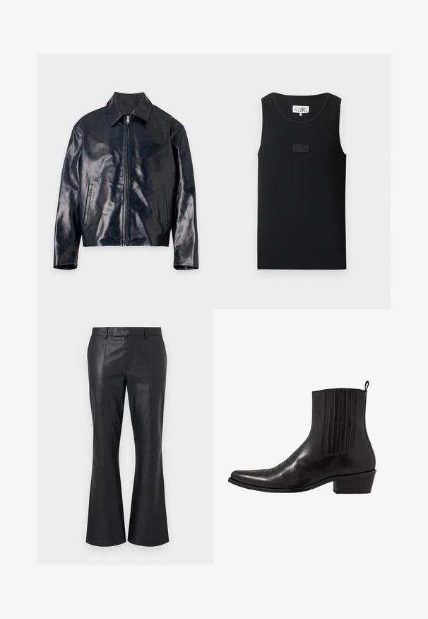 Veste en cuir noire brillante avec fermeture éclair frontale, col et deux poches latérales verticales, présentée à plat sur un fond clair.; Débardeur noir sans manches avec encolure ronde et petite écusson rectangulaire sur la poitrine, posé à plat sur un fond blanc.; Pantalon en cuir noir avec une taille mi-haute, des passants pour ceinture, des coutures avant détaillées et un léger évasement au bas des jambes.; Bottine noire en cuir avec un bout pointu, des panneaux latéraux élastiques, des accents de coutures verticales et un petit talon bloc.