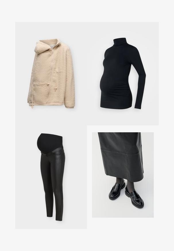 Beige fleecejack met capuchon, rits aan de voorkant, twee zakken en verstelbare trekkoorden in taille en zak.; Zwarte lange mouwen turtleneck top van rekbaar materiaal, ontworpen om een zwangere buik te accommoderen, met ruching details aan de zijkanten.; Zwarte zwangerschapsleggings met voorpanelen van kunstleer en rekbare stof over de buik voor comfort en ondersteuning tijdens de zwangerschap.; Zwarte leren loafers met een gladde afwerking, voorzien van een decoratieve band, ronde neus en gestructureerde zool. Draagt met een lange zwarte leren rok.