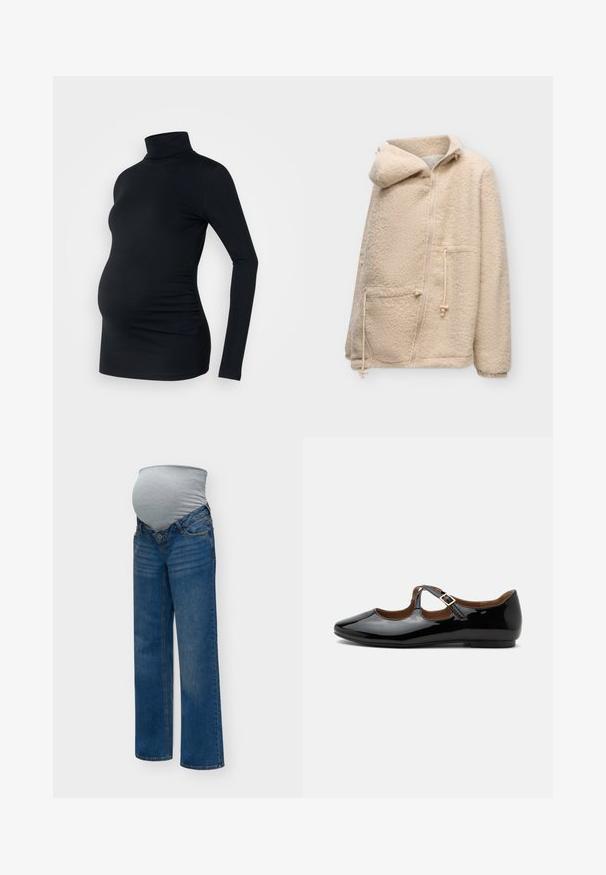 Beige fleecejack met capuchon, rits aan de voorkant, twee zakken en verstelbare trekkoorden in taille en zak.; Zwarte lange mouwen turtleneck top van rekbaar materiaal, ontworpen om een zwangere buik te accommoderen, met ruching details aan de zijkanten.; Blauwe zwangerschapsjeans met een rekbare grijze tailleband die is ontworpen om een zwangere buik ruimte te bieden, getoond op een egale achtergrond.; Zwarte lakleren Mary Jane platte schoen met twee uitsparingen en een gouden gespbandje op een witte achtergrond.